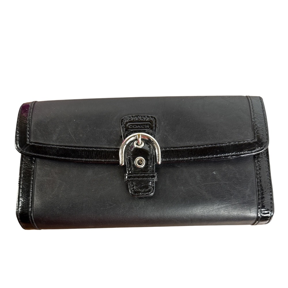 Coach Soho Signature Trifold Wallet With Buckle Closure Zip Coin Pocket Black‎